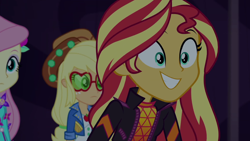 Size: 1920x1080 | Tagged: safe, screencap, applejack, fluttershy, sunset shimmer, equestria girls, equestria girls specials, g4, my little pony equestria girls: better together, my little pony equestria girls: sunset's backstage pass, female, music festival outfit