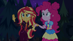 Size: 1920x1080 | Tagged: safe, screencap, pinkie pie, sunset shimmer, equestria girls, equestria girls specials, g4, my little pony equestria girls: better together, my little pony equestria girls: sunset's backstage pass, female, geode of empathy, geode of sugar bombs, magical geodes, music festival outfit
