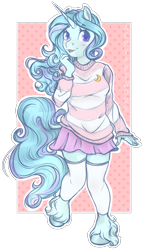 Size: 1920x3360 | Tagged: safe, artist:acry-artwork, oc, oc only, oc:winter doodle, unicorn, anthro, unguligrade anthro, abstract background, anthro oc, blushing, clothes, cute, female, heart eyes, leg warmers, mare, miniskirt, moe, outline, skirt, solo, sweater, unshorn fetlocks, white outline, wingding eyes