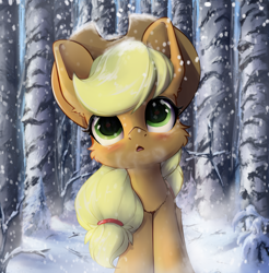 Size: 1848x1876 | Tagged: safe, artist:hitbass, applejack, earth pony, pony, g4, cheek fluff, chest fluff, cute, ear fluff, female, forest, hat, jackabetes, mare, open mouth, scenery, snow, snowfall, solo, tree, winter