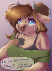 Size: 2750x3750 | Tagged: safe, artist:ardail, oc, oc:mocha latte, cow, anthro, bra, clothes, cowified, crying, dialogue, emotional, high res, ponytail, sad, species swap, tears of joy, underwear