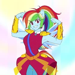 Size: 954x954 | Tagged: safe, alternate version, artist:rileyav, rainbow dash, equestria girls, g4, armpits, commission, crystal guardian, crystal wings, cute, dashabetes, female, flexing, looking at you, ponied up, pony ears, solo, wings