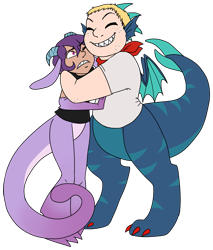 Size: 2375x2782 | Tagged: safe, artist:/d/non, oc, oc only, oc:grill, oc:pierce, dragon, satyr, high res, hug, parent:prominence, parent:thod, simple background, transparent background