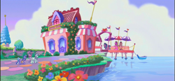 Size: 1155x540 | Tagged: safe, composite screencap, edit, edited screencap, screencap, cotton candy (g3), minty, pinkie pie (g3), razzaroo, sweetberry, earth pony, pony, a charming birthday, g3, boat, cotton candy cafe, female, mare, scenery