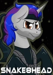 Size: 1280x1793 | Tagged: safe, artist:cadetredshirt, oc, oc only, pony, unicorn, badge, clothes, five o'clock shadow, headband, horn, looking at camera, looking at you, male, stallion, two toned mane