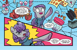 Size: 2160x1397 | Tagged: safe, artist:kate sherron, idw, maud pie, earth pony, pony, g4, spoiler:comic, spoiler:comic86, alternate hairstyle, bean mouth, behaving like pinkie pie, bowl, curly mane, food, fork, ice cream, knife, ladle, maudie pie, punch (drink), punch bowl, record, record player, spoon, table, twister
