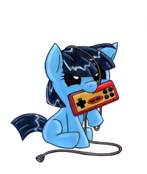 Size: 1011x1200 | Tagged: safe, artist:blazelupine, oc, oc only, oc:electra, earth pony, pony, baby, baby pony, controller, dendy, famicom, nintendo, simple background, solo, traditional art, white background, young