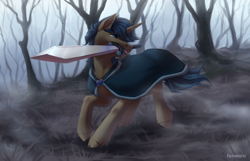 Size: 2800x1800 | Tagged: safe, artist:fenwaru, oc, oc only, pony, unicorn, forest, mouth hold, solo, sword, weapon
