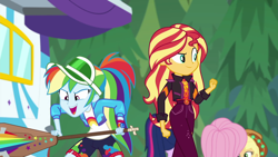 Size: 1920x1080 | Tagged: safe, screencap, applejack, fluttershy, rainbow dash, sci-twi, sunset shimmer, twilight sparkle, equestria girls, equestria girls specials, g4, my little pony equestria girls: better together, my little pony equestria girls: sunset's backstage pass, female, geode of empathy, geode of super speed, impending doom, magical geodes, music festival outfit