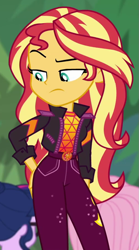 Size: 501x903 | Tagged: safe, screencap, fluttershy, sci-twi, sunset shimmer, twilight sparkle, equestria girls, equestria girls series, g4, sunset's backstage pass!, spoiler:eqg series (season 2), butt rub, butt touch, cropped, female, geode of empathy, hand on butt, literal butthurt, magical geodes, music festival outfit