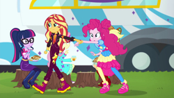 Size: 1920x1080 | Tagged: safe, screencap, applejack, fluttershy, pinkie pie, sci-twi, sunset shimmer, twilight sparkle, equestria girls, equestria girls specials, g4, my little pony equestria girls: better together, my little pony equestria girls: sunset's backstage pass, female, geode of empathy, geode of sugar bombs, magical geodes, music festival outfit, shoes, sneakers, tree stump