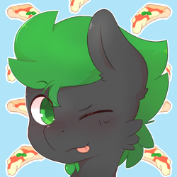 Size: 500x500 | Tagged: safe, artist:sexyflexy, oc, oc only, oc:villainshima, pegasus, pony, blinking, bust, cute, facial hair, food, goatee, happy, pizza, portrait, solo, tongue out