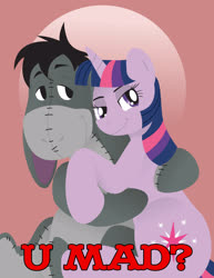Size: 2550x3300 | Tagged: safe, artist:inspectornills, edit, twilight sparkle, g4, adjustment burro, bedroom eyes, crossover, crossover shipping, cuddling, eeyore, grin, high res, hug, logo, looking at you, mad (tv series), mad magazine, shipping, smiling, text edit, twiyore, u mad, winnie the pooh