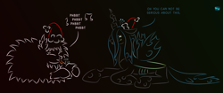 Size: 1000x421 | Tagged: safe, artist:quint-t-w, queen chrysalis, oc, oc:fluffle puff, changeling, changeling queen, original species, pony, g4, christmas, christmas carol, christmas changeling, dialogue, female, gradient background, hat, holiday, lying down, minimalist, modern art, music notes, old art, paper, santa hat, spittle, tongue out
