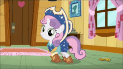 Size: 1280x720 | Tagged: safe, screencap, scootaloo, sweetie belle, pegasus, pony, unicorn, g4, on your marks, animated, boots, clothes, clubhouse, cow belle, cowboy boots, cowboy hat, crusaders clubhouse, discovery family logo, female, filly, hat, lederhosen, shoes, sound, webm, yodeling, yodeloo