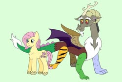 Size: 1280x860 | Tagged: safe, artist:fluttercord45, discord, fluttershy, draconequus, earth pony, pony, g4, discord (g5), earth pony fluttershy, female, fluttershy (g5 concept leak), g5 concept leak style, g5 concept leaks, hooves, mare, redesign