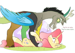 Size: 2456x1734 | Tagged: safe, artist:koloredkat, discord, fluttershy, draconequus, pony, unicorn, g4, discord (g5), female, fluttershy (g5 concept leak), g5 concept leak style, g5 concept leaks, grin, hoof fluff, looking at each other, male, mare, on back, redesign, sharp teeth, ship:discoshy, shipping, simple background, smiling, straight, teeth, text, transparent background, unicorn fluttershy