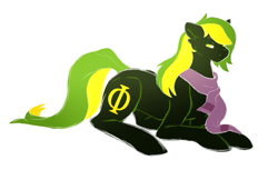 Size: 887x543 | Tagged: safe, artist:mootsarts, oc, oc only, oc:vermont black, earth pony, pony, clothes, looking at you, lying down, male, phi, scarf, simple background, stallion