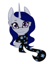 Size: 1456x1843 | Tagged: safe, artist:koloredkat, part of a set, oc, oc only, pony, unicorn, bust, clothes, female, glasses, horn, mare, scarf, simple background, smiling, solo, transparent background, unicorn oc, ych result