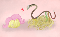 Size: 1632x1024 | Tagged: safe, artist:srebrnastal, discord, fluttershy, draconequus, object pony, original species, g4, cute, cutie mark, female, floating heart, food, heart, horns, jello, jelly, male, mane, noodles, not salmon, objectification, pasta, pink background, pun, ship:discoshy, shipping, simple background, straight, visual pun, wat