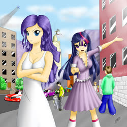 Size: 1466x1466 | Tagged: safe, artist:zigword, derpy hooves, discord, rarity, twilight sparkle, human, g4, city, clothes, dress, humanized, pleated skirt, skirt, wonderbolts