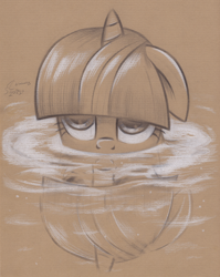 Size: 3000x3778 | Tagged: safe, artist:fladdrarblyg, twilight sparkle, pony, unicorn, g4, magic duel, brown background, female, high res, looking up, mare, monochrome, pencil drawing, reflection, scene interpretation, simple background, solo, traditional art, water, wet mane