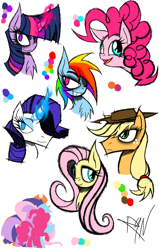 Size: 888x1400 | Tagged: safe, artist:didun850, applejack, fluttershy, pinkie pie, rainbow dash, rarity, twilight sparkle, earth pony, pegasus, pony, unicorn, g4, bags under eyes, chest fluff, curved horn, eyeliner, female, freckles, glowing horn, grin, hair over one eye, hat, horn, makeup, mane six, mare, raised hoof, reference sheet, signature, smiling, unicorn twilight