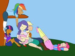 Size: 2048x1536 | Tagged: safe, artist:mintymelody, applejack, fluttershy, pinkie pie, rainbow dash, rarity, twilight sparkle, human, g4, dark skin, humanized, mane six, sleeping