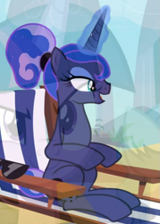 Size: 519x724 | Tagged: safe, edit, screencap, princess luna, twilight sparkle, pony, between dark and dawn, g4, chair, cropped, fadeout, female, glowing horn, horn, lidded eyes, open mouth, sitting, smiling, solo