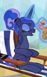 Size: 476x769 | Tagged: safe, screencap, princess luna, twilight sparkle, pony, between dark and dawn, g4, chair, coconut cup, cropped, eyes closed, fadeout, female, glowing horn, horn, levitation, magic, open mouth, sitting, telekinesis