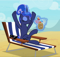 Size: 992x941 | Tagged: safe, screencap, princess luna, alicorn, pony, between dark and dawn, g4, alternate hairstyle, beach, chair, coconut cup, concave belly, cropped, eyes closed, eyeshadow, female, glowing horn, hair bun, hooves in air, horn, levitation, magic, makeup, mare, pleased, relaxing, slender, smiling, solo, stretching, sunglasses, telekinesis, thin, vacation, we don't normally wear clothes