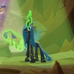 Size: 640x640 | Tagged: safe, screencap, cozy glow, queen chrysalis, changeling, changeling queen, pegasus, pony, frenemies (episode), g4, animated, better way to be bad, bowing, cropped, cute, cutealis, female, implied rarity, implied twilight sparkle, no sound, singing, spinning, webm