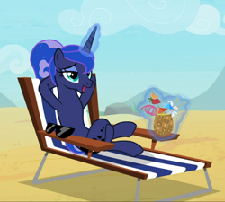Size: 1042x938 | Tagged: safe, screencap, princess luna, alicorn, pony, between dark and dawn, g4, alternate hairstyle, beach, beautiful, belly, coconut cup, concave belly, cropped, crossed hooves, crossed legs, eyeshadow, female, glowing horn, hair bun, hooves behind head, horn, levitation, lidded eyes, magic, magic aura, makeup, mare, open mouth, pleased, reclining, relaxing, slender, solo, stupid sexy princess luna, sunglasses, telekinesis, thin, vacation, we don't normally wear clothes