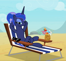 Size: 1017x940 | Tagged: safe, screencap, princess luna, alicorn, pony, between dark and dawn, g4, alternate hairstyle, beach, beautiful, belly, chair, coconut cup, concave belly, cropped, crossed hooves, crossed legs, eyeshadow, female, food, hair bun, herbivore, hooves behind head, lidded eyes, looking at you, makeup, mare, nudity, pineapple, pleased, reclining, relaxing, skinny dipping, slender, smiling, solo, stupid sexy princess luna, sunglasses, thin, vacation, we don't normally wear clothes