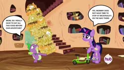 Size: 1280x720 | Tagged: safe, edit, edited screencap, screencap, spike, twilight sparkle, alicorn, pony, g4, twilight time, chips, dialogue, food, golden oaks library, hub logo, nachos, scooter, this will end in weight gain, twilight sparkle (alicorn)