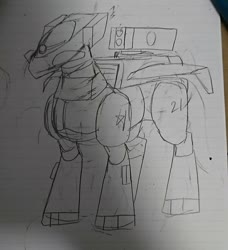 Size: 1080x1186 | Tagged: safe, artist:omegapony16, oc, oc only, pony, robot, robot pony, lined paper, photo, rocket launcher, solo, traditional art