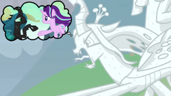 Size: 998x562 | Tagged: safe, edit, edited screencap, screencap, cozy glow, lord tirek, queen chrysalis, starlight glimmer, changeling, changeling queen, pony, unicorn, g4, the ending of the end, to where and back again, angry, anxiety, bad end, choice, cropped, crying inside, fail, fangs, female, harsher in hindsight, hopeless, legion of doom statue, regret, sad, sorry, statue, stone, thinking, thought bubble, tongue out, tragic, what if