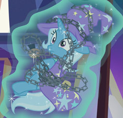 Size: 753x720 | Tagged: safe, screencap, trixie, pony, unicorn, g4, uncommon bond, cape, chains, clothes, cropped, female, floppy ears, hat, implied starlight glimmer, magic, mare, offscreen character, solo, telekinesis, trixie's cape, trixie's hat