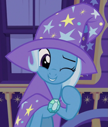 Size: 523x614 | Tagged: safe, screencap, trixie, pony, unicorn, g4, uncommon bond, cape, clothes, cropped, female, hat, mare, one eye closed, raised hoof, solo, trixie's cape, trixie's hat