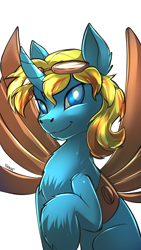 Size: 1080x1920 | Tagged: safe, artist:noben, oc, oc:skydreams, pony, unicorn, artificial wings, augmented, aviator goggles, female, goggles, mare, wings