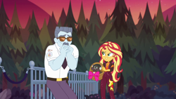 Size: 1920x1080 | Tagged: safe, screencap, max steele, sunset shimmer, cat, equestria girls, equestria girls series, g4, sunset's backstage pass!, spoiler:eqg series (season 2), basket, hattie, kitten, music festival outfit
