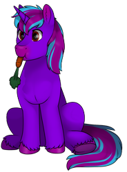 Size: 940x1274 | Tagged: safe, artist:69beas, oc, oc only, oc:neon eclipse, pony, unicorn, carrot, colored hooves, digital art, ear fluff, eating, food, herbivore, hoof fluff, horses doing horse things, male, simple background, sitting, solo, stallion, transparent background, underhoof