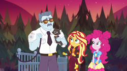 Size: 1920x1080 | Tagged: safe, max steele, pinkie pie, sunset shimmer, cat, equestria girls, equestria girls specials, g4, my little pony equestria girls: better together, my little pony equestria girls: sunset's backstage pass, female, geode of sugar bombs, hattie, magical geodes, male, music festival outfit