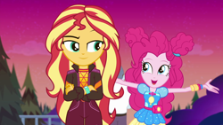Size: 1920x1080 | Tagged: safe, screencap, max steele, pinkie pie, sunset shimmer, equestria girls, equestria girls series, g4, sunset's backstage pass!, spoiler:eqg series (season 2), music festival outfit