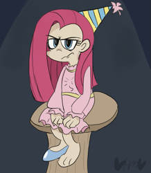 Size: 697x800 | Tagged: safe, artist:mirabuncupcakes15, pinkie pie, human, g4, party of one, alternate hairstyle, barefoot, belt, clothes, dress, feet, female, flats, grumpy, hat, humanized, party hat, pinkamena diane pie, solo