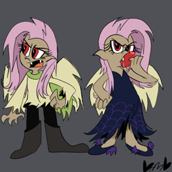Size: 800x800 | Tagged: safe, artist:mirabuncupcakes15, fluttershy, bat pony, human, vampire, g4, alternate hairstyle, apple, bat ponified, boots, clothes, dark skin, dress, duality, fangs, female, flats, flutterbat, food, gray background, humanized, jeans, open mouth, pants, race swap, scarf, shoes, simple background, sweater, sweatershy, torn clothes, winged humanization, wings
