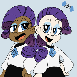 Size: 800x800 | Tagged: safe, artist:mirabuncupcakes15, rarity, human, g4, blue eyes, choker, clothes, dark skin, duality, duo, eyeshadow, female, humanized, lidded eyes, looking at each other, makeup, open mouth, pants, self paradox, shirt