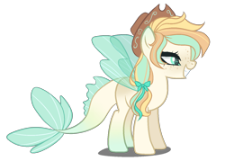 Size: 1400x1000 | Tagged: safe, artist:gihhbloonde, artist:kyannepops, oc, oc only, oc:seabreeze serenade, hybrid, seapony (g4), blank flank, bow, cowboy hat, female, freckles, grin, hair bow, hat, mare, multicolored hair, simple background, smiling, solo, transparent background