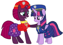 Size: 1296x921 | Tagged: safe, artist:徐詩珮, fizzlepop berrytwist, tempest shadow, twilight sparkle, alicorn, pony, unicorn, series:sprglitemplight diary, series:sprglitemplight life jacket days, series:springshadowdrops diary, series:springshadowdrops life jacket days, g4, base used, broken horn, clothes, equestria girls outfit, female, horn, lesbian, paw patrol, ship:tempestlight, shipping, simple background, swimsuit, transparent background, twilight sparkle (alicorn)