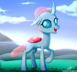 Size: 1871x1742 | Tagged: safe, artist:the-butch-x, ocellus, changedling, changeling, g4, cloud, cute, diaocelles, female, happy, looking at you, open mouth, raised hoof, solo, 👒🕍ocellus
